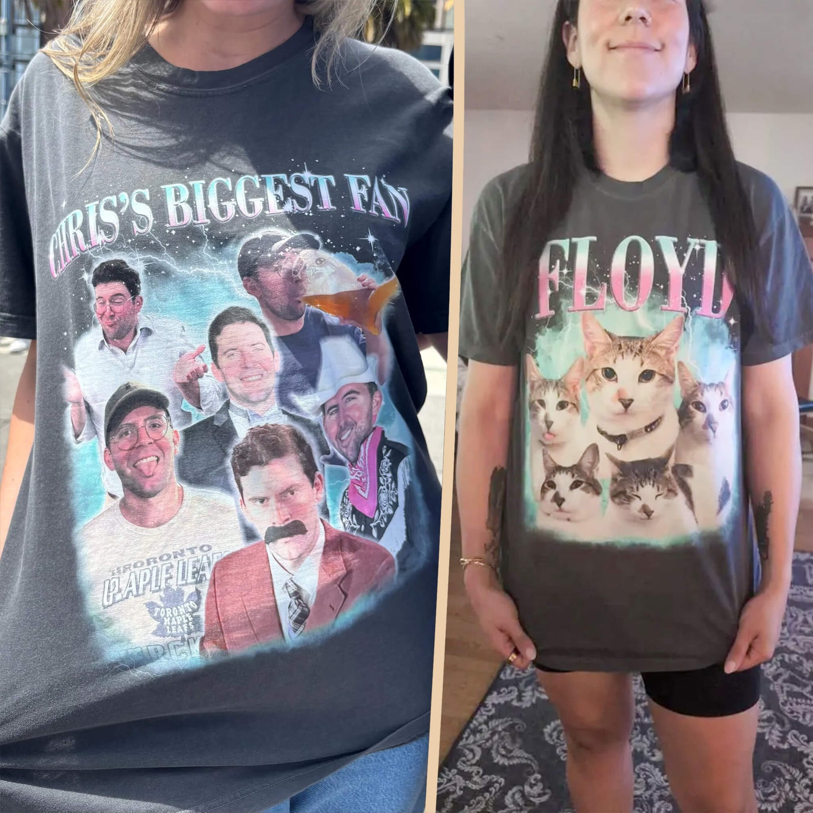 A side-by-side comparison of a custom graphic t-shirt worn by a model. The left panel shows a cropped view of the front of the shirt with the text 'CHRIS'S BIGGEST FAN' and a collage of photos.