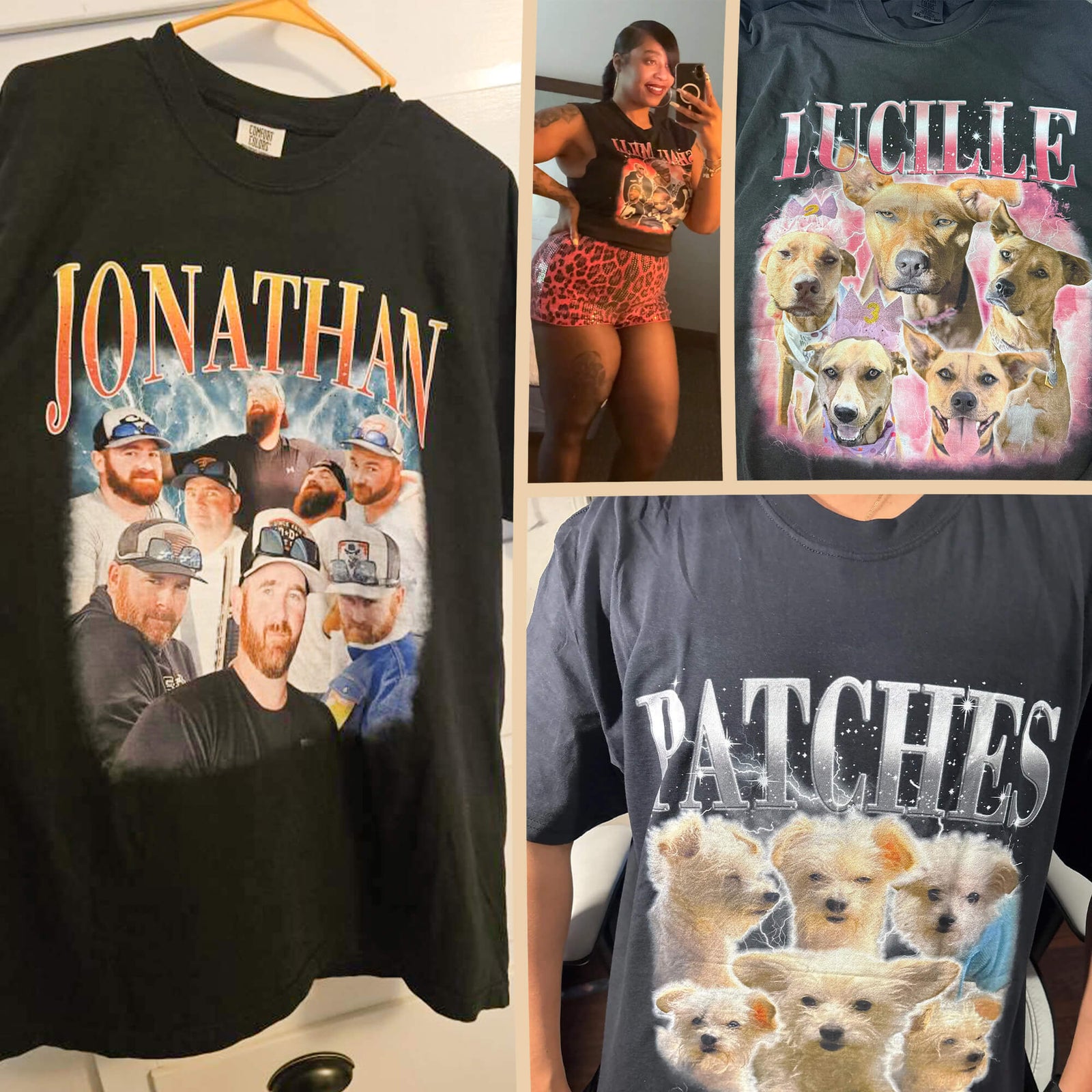 A three-panel collage showing a custom graphic t-shirt. The left panel shows a black t-shirt hanging on a wooden hanger with a large colorful graphic of men and the text 'JONATHAN'.