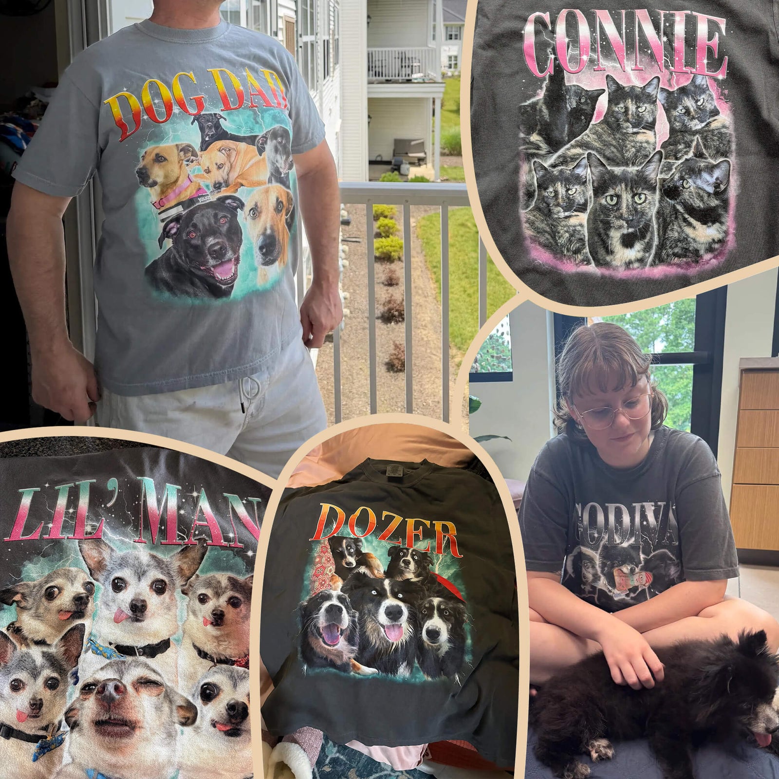 A collage showing a person wearing and sitting while wearing graphic T-shirts featuring dog portraits. The shirts have large printed dog illustrations with text including 'DOG DOG', 'CONNIE', and 'LIL' MAN'.
