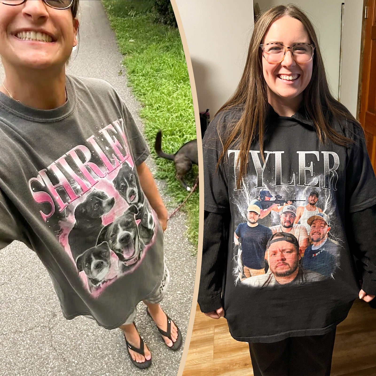 Side-by-side customer photos of personalized collage T-shirts: a gray shirt with pink lettering and dog portraits, and a black oversized TYLER shirt featuring a collage of men.