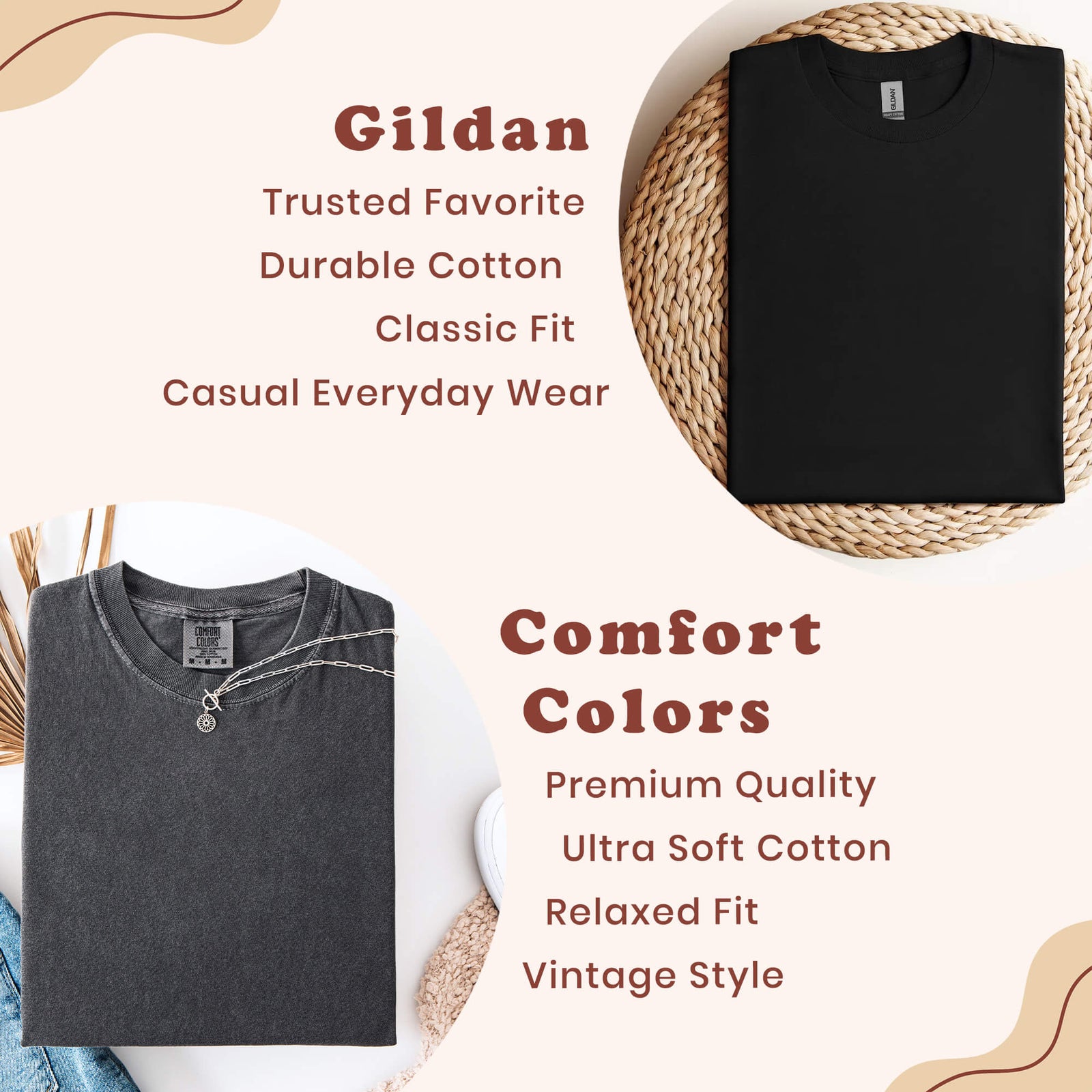 Product graphic comparing a black Gildan T-shirt and a charcoal Comfort Colors T-shirt, with text describing Gildan's durable cotton and classic fit and Comfort Colors' soft cotton, relaxed fit, and vintage style.