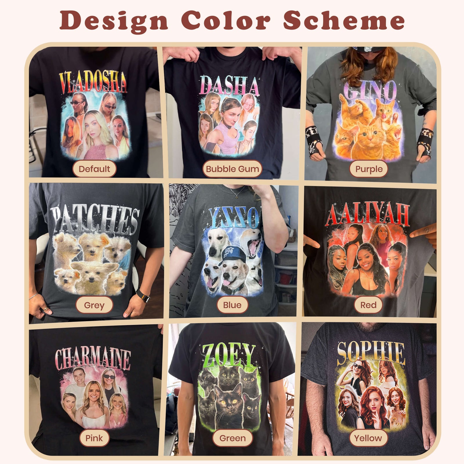 Design color guide showing nine personalized bootleg T-shirt examples in Default, Bubble Gum, Purple, Grey, Blue, Red, Pink, Green, and Yellow, with photo collages of people, dogs, and cats.