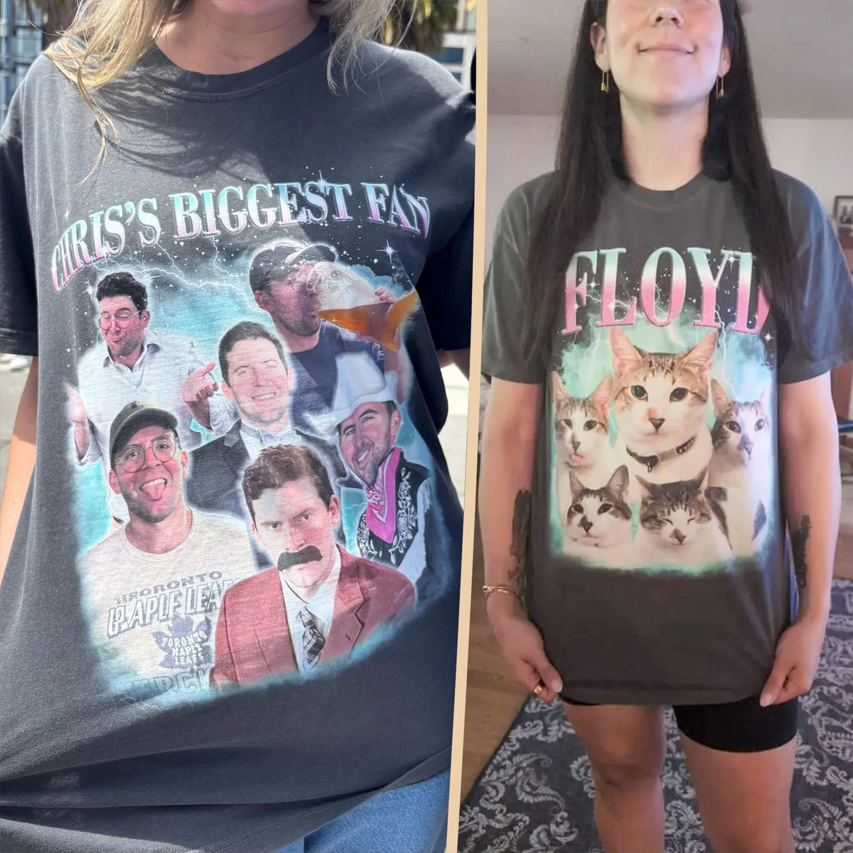 A side-by-side comparison of a custom graphic t-shirt worn by a model. The left panel shows a cropped view of the front of the shirt with the text 'CHRIS'S BIGGEST FAN' and a collage of photos.
