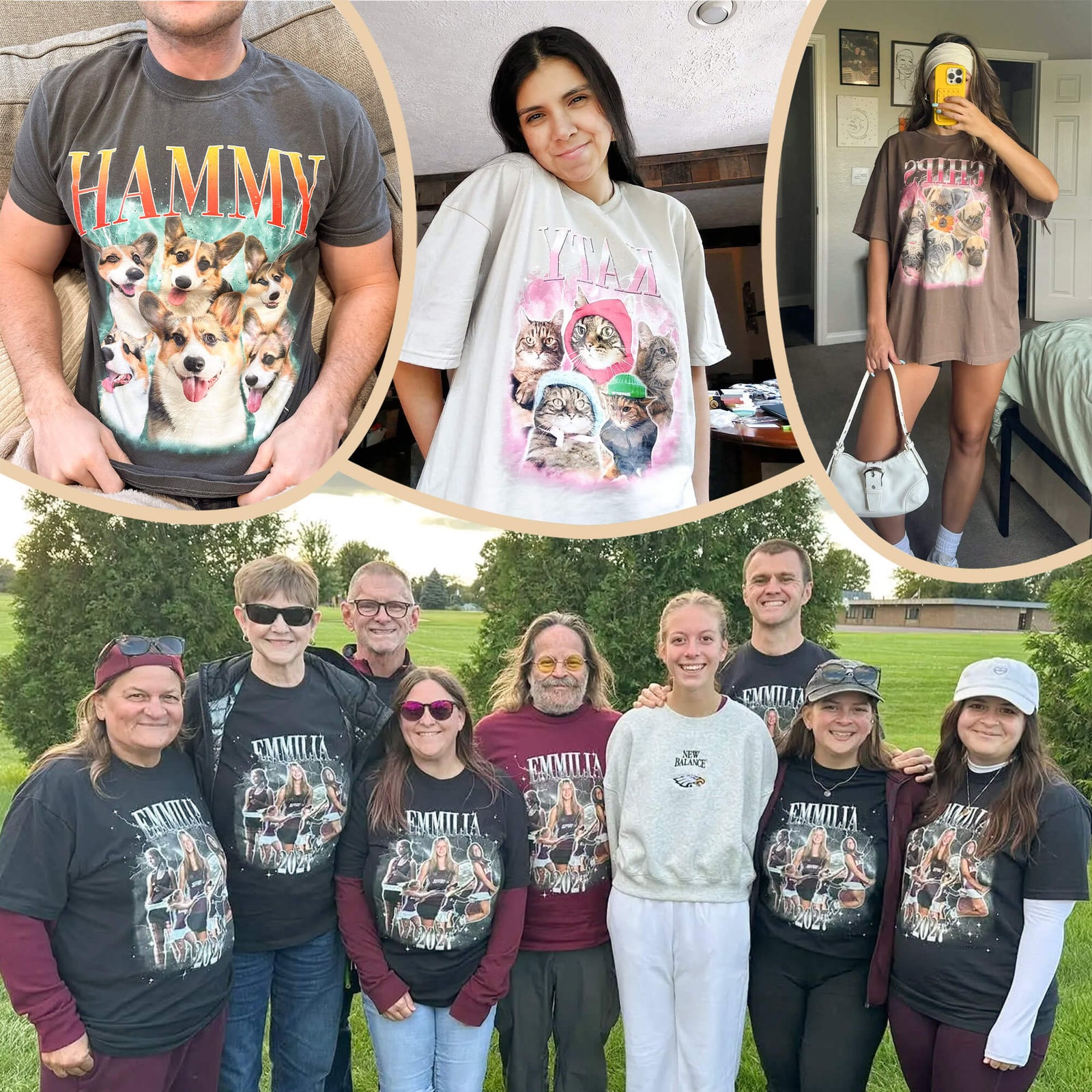 A collage showing multiple people wearing custom graphic t-shirts featuring a dog-themed design with the word 'HAMMY' and the phrase 'SUMMIT DOGS'. The collage includes close-up views of a man wearing a dark gray shirt, a woman wearing a white oversized t-shirt, a woman taking a mirror selfie in a brown t-shirt, and a group of seven people posing outdoors wearing black t-shirts.