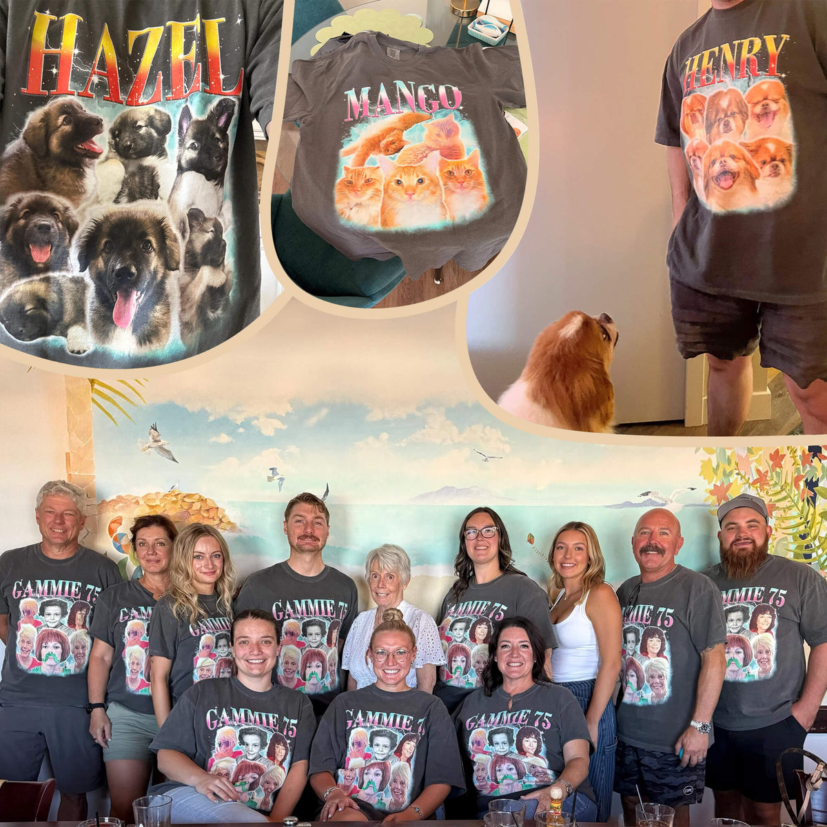 A group photo of people wearing custom dark gray graphic t-shirts featuring dog portraits and the names 'Hazel', 'Mango', and 'Henry' with 'GAMMIE 75' at the bottom. The image is a collage showing close-ups of the shirt graphics and the group wearing them in an indoor setting.