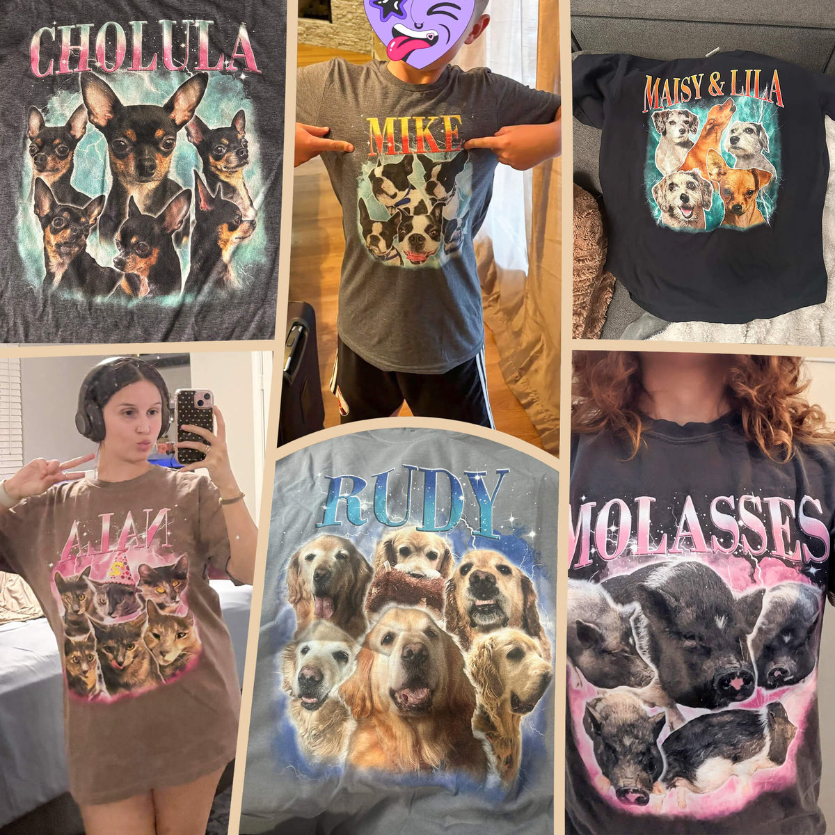 A six-panel collage showing custom dog graphic t-shirts worn by different people in home settings. The shirts feature various breeds of dogs in colorful, illustrated prints with text including 'CHOLULA', 'MIKE', 'MAYS & LULA', 'RUBY', and 'VIOLETTES'.