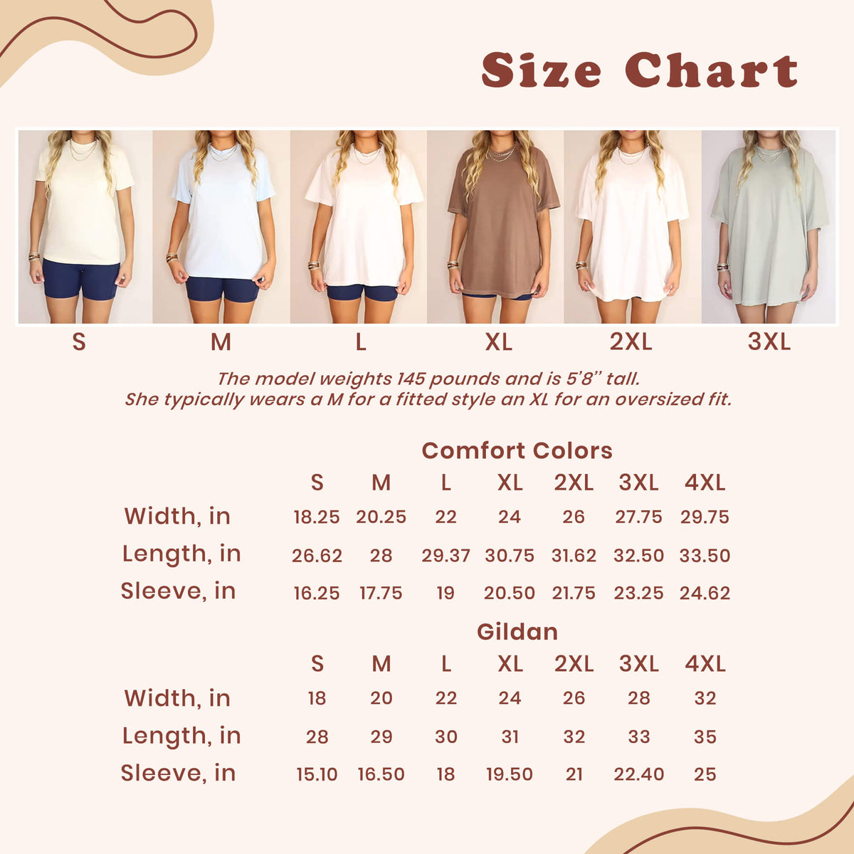 T-shirt size chart with model photos for sizes S through 3XL and width, length, and sleeve measurements in inches for Comfort Colors and Gildan shirts in sizes S through 4XL.
