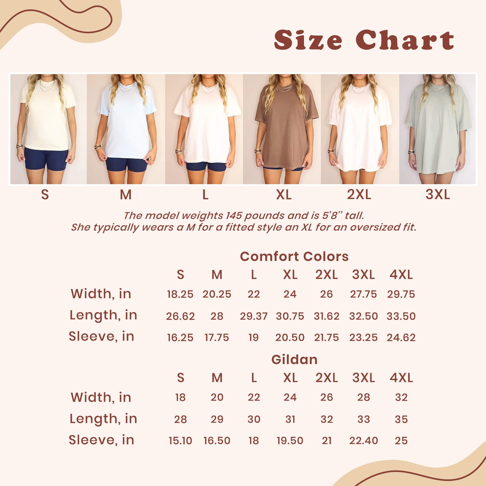 T-shirt size chart with model photos for sizes S through 3XL and width, length, and sleeve measurements in inches for Comfort Colors and Gildan shirts in sizes S through 4XL.