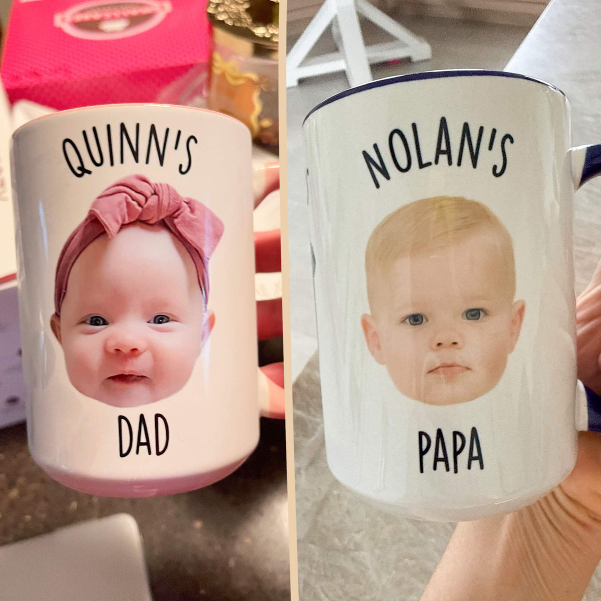Two personalized ceramic mugs shown side by side, each printed with a baby photo and text reading names. A hand is holding the mugs in an indoor setting.