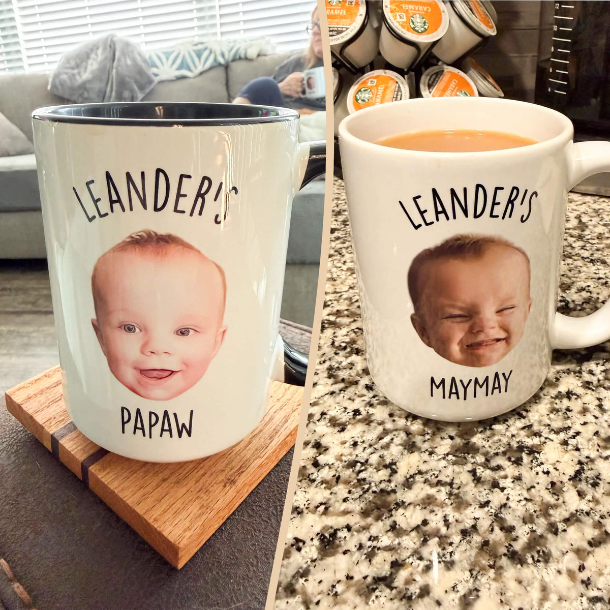 A split-screen photo shows a white ceramic mug with a custom printed baby face and the text 'NAME + PAPAW' on the left, and the same mug filled with coffee on a granite countertop with 'NAME + MAYMAY' printed below the face on the right.