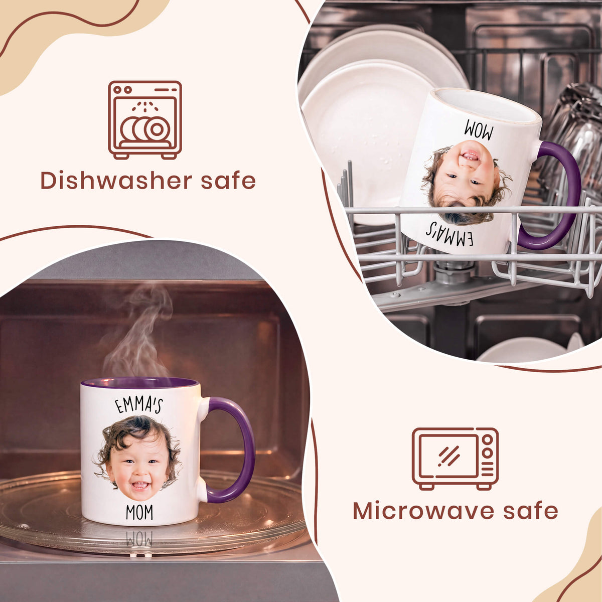 A promotional graphic showing a white ceramic mug with a purple handle and a printed photo of a smiling child, labeled 'EMMA'S MOM'. One inset shows the mug inside a microwave with steam rising, and another shows the mug on a dishwasher rack.