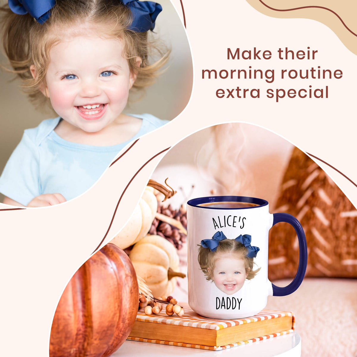 A personalized white ceramic mug with a navy blue handle and rim, featuring a printed photo of a young girl with a blue bow and the text 'ALICE'S DADDY'. The mug is styled on a stack of books with autumn decorations like pumpkins and dried flowers.