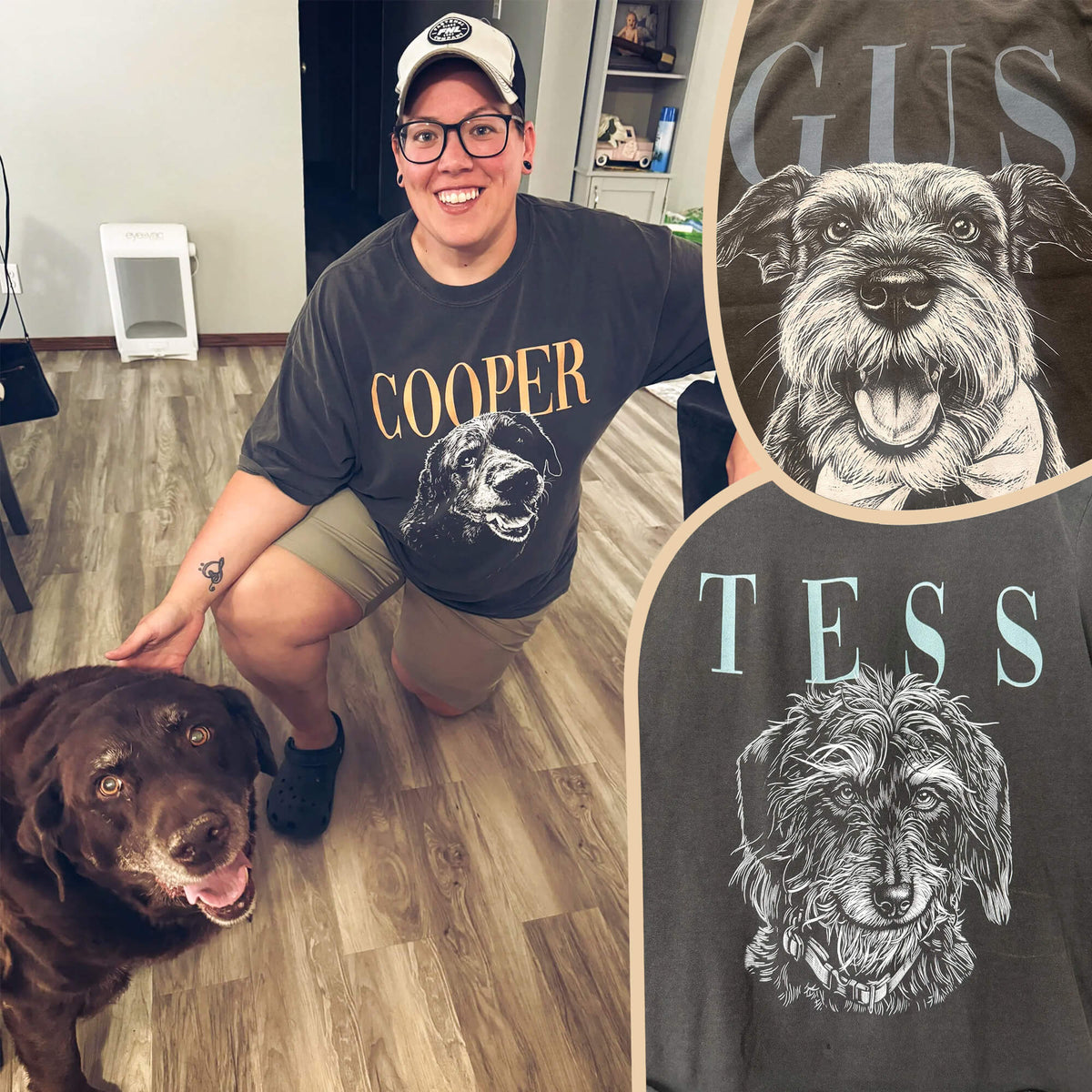 Customer wearing a charcoal COOPER T-shirt with a dog portrait, shown beside two additional custom portrait examples labeled GUS and TESS.